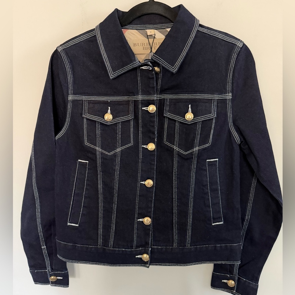 NWT Burberry Women's Dark Blue Denim Jacket with Gold Buttons